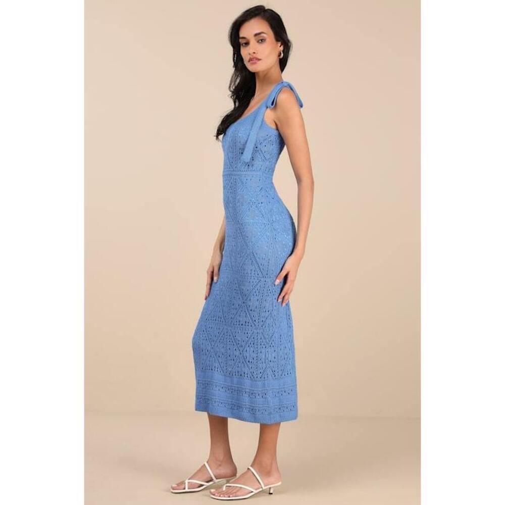 Lulus Adorable Darling Blue Crochet Tie-strap Midi Dress - Size L